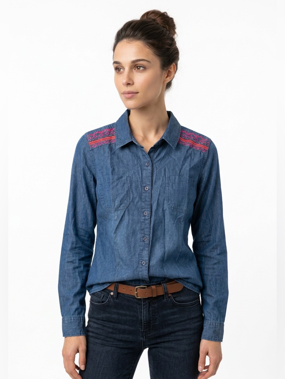 Bad bones denim top with embroidery